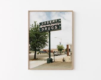 Desert Drugs Wall Art: Vintage Pharmacy Sign Photography, Arizona Roadside Americana, Desert Travel Decor (Digital Download)