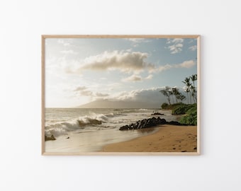 Maui Beach Wall Art, Hawaiian Coastal Photography, Tropical Ocean Landscape Print, Beach Decor, Golden Hour Seascape Digital Download