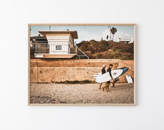Carlsbad Surfers Wall Art, California Beach Photography, Coastal Surf Print, Lifeguard Tower Beach Decor, Digital Download