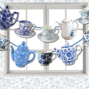 Printable Tea Party Garland Decoration - Blue and White High Tea Baby Shower Birthday Garden Party Decor Teacup Teapot Bunting Shabby Party