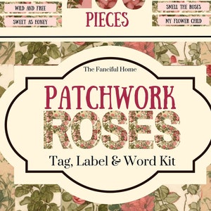 Patchwork Roses - Tag, Label & Positive Scrapbook Words, Mother&#39;s Day Gift, Cottagecore Gift Tags  Labels, Garden Scrapbook words, Gift Tags