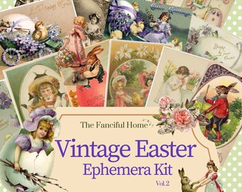 May include: Vintage Easter ephemera kit with 16 pages of quality images, plus extras. The kit features a variety of images, including children, bunnies, flowers, and eggs. The images are in a vintage style and are perfect for scrapbooking, card making, and other crafts.