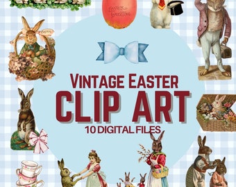 Vintage påskhare-clipart - digital nedladdning, påsk-ephemera, skräpjournaler, scrapbooking, collage, decoupage, clipart-ark, PNG-filer