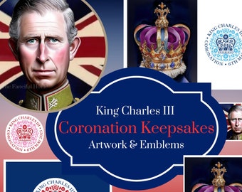 King Charles Coronation Keepsake Art and Emblems, King Charles Coronation Memorabilia,King Charles Portrait, Coronation Postcards & Stickers