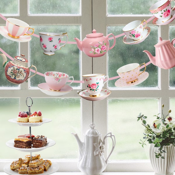 Pink Rose Tea Party Garland Banner Printable High Tea Girls Birthday Baby Shower Garden Party Decor Teacup Teapot Bunting Shabby Party