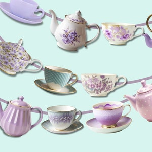 Tea Party Banner Garland Lavender Teacup & Teapot Party Decor Bunting Printable  Bridal Shower Birthday Garden Tea Party Decor Cottagecore