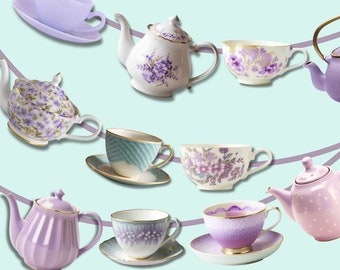 Tea Party Banner Girlande Lavendel Teetasse & Teekanne Party Dekor Wimpelkette druckbare Brautparty Geburtstag Garten Tea Party Dekor Cottagecore