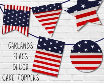 American Flag Printable Garland Bunting Decoration 4th of July Handheld Flag Party Decor USA Flag US Flag for Parties Crafts Cake Toppers