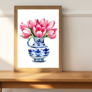 Southern Tulips - Original Wall Art, Blue & White Chinoiserie Vase, Pink Tulips Watercolor, Ginger Jar Art, Watercolor Tulip Wall Decor