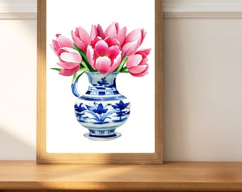 Southern Tulips - Original Wall Art, Blue & White Chinoiserie Vase, Pink Tulips Watercolor, Ginger Jar Art, Watercolor Tulip Wall Decor