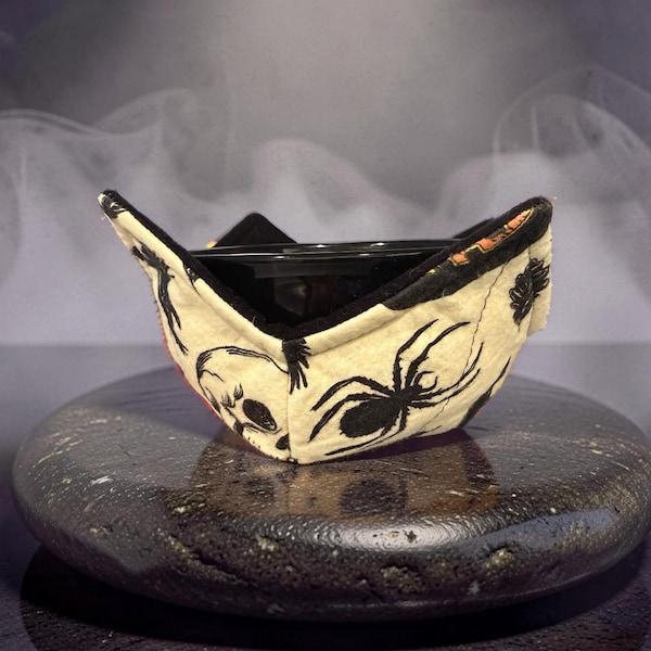 Handmade Goth Bowl Coozie in Cream, Orange and Black: Heat-Resistant Fabric