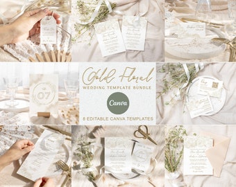 Gold Floral Wedding Invitation Template, Printable Wedding Invitation, Wedding Invitation Bundle, Edit in Canva, Instant Download