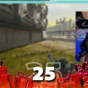 Op de afbeelding: Een videogamescherm met het nummer "25" in het midden, omringd door rode cadeaudozen met roze strikken. Het scherm is wazig op de achtergrond.