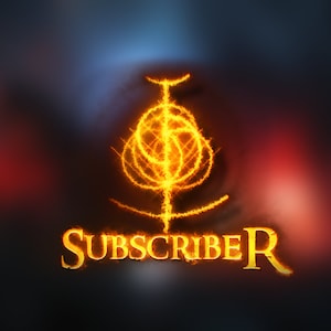 Könnte beinhalten: Eine feurige orange-gelbe Grafik mit dem Wort „SUBSCRIBER“ in einer stilisierten Schriftart. Über dem Text befindet sich ein leuchtendes Symbol. Der Hintergrund ist ein dunkler Farbverlauf aus Rot, Blau und Schwarz.