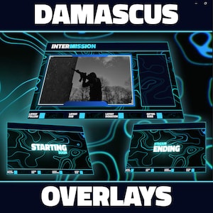 Op de afbeelding: Een blauwe en zwarte overlay met de tekst "DAMASCUS" bovenaan, "INTERMISSION" in het midden en "OVERLAYS" onderaan. De overlay heeft een blauw en zwart abstract patroon met een blauwe rand.