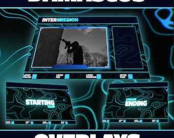 May include: A blue and black overlay with the text "DAMASCUS" at the top, "INTERMISSION" in the middle, and "OVERLAYS" at the bottom. The overlay has a blue and black abstract pattern with a blue border.
