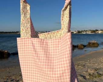 Reversible Coquette Tote bag, Floral, Gingham, Beach Bag, Purse, Aesthetic, Cute Tote, Beauty bag, Gift for Her, School Tote, Wedding