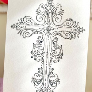 Krzyż *BŁĄD DRUKARSKI* - Oryginalny rysunek odręczny - rysunek grafitem - czarno-szara sztuka - ozdobny wzór - sztuka religijna - wydruk giclée - bez ramy - misterny