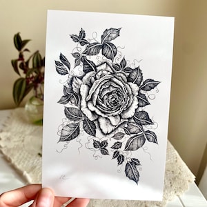 Rose Bush Print- Original hand drawn- Black n white art- Stippling- Floral- Ink pen drawing- Giclée print- Unframed- Gift- Realism- Flower