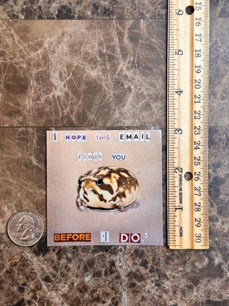 May include: A brown and white frog with black spots is illustrated on a beige background. The text "I hope this email finds you before I do." is written in black and red letters.