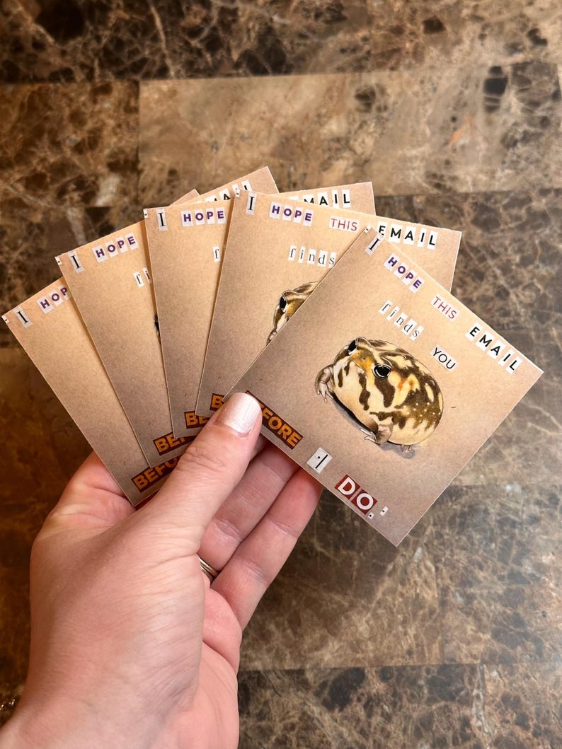 May include: A set of six brown cards with a frog illustration and the text "I hope this email finds you before I do."