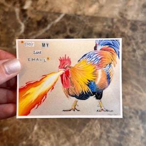 May include: A colorful rooster with a red comb and wattle is breathing fire. The rooster is yellow, orange, blue, and red. The text "per MY Last EMAIL" is written on the image.