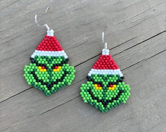 Grinch, Navidad, Vacaciones, Pendientes de punto ladrillo, Pendientes con cuentas, Cuentas de semillas Toho, Hechos a mano, Divertidos, Verde, Rojo, Blanco, Negro