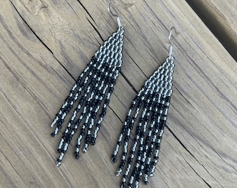 Beaded Fringe Earring, Handmade, Toho Beads, Seed Beads, Dangle Earring, Boho Earring, Lightweight, Silver, Black