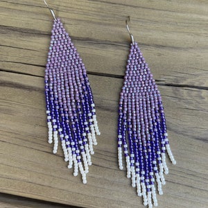 Beaded Fringe Earring, Handmade, Toho Beads, Seed Beads, Dangle Earring, Boho Earring, Lightweight, Purple, Cream