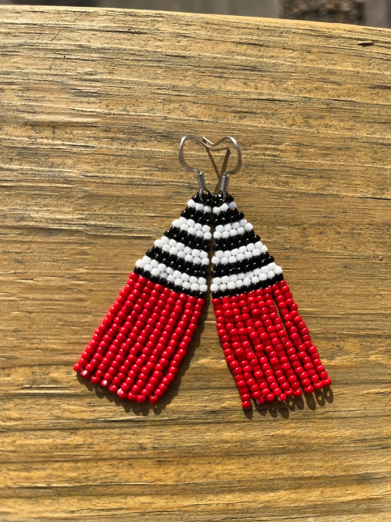 Red Black and White Beaded Fringe Earring Handmade Toho Etsy