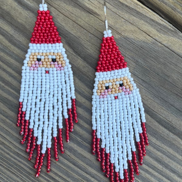 Santa Clause, Holidays, Christmas, December, Red, White, Xmas, Beaded Fringe Earring, Handmade, Toho Beads, Seed Beads, Dangle Earring