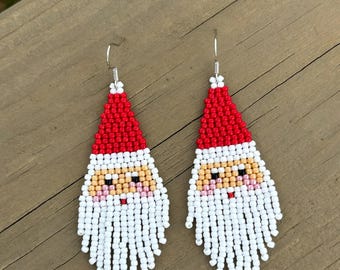 Santa Claus, Holidays, Christmas, December, Red, White, Xmas, Beaded Fringe Earring, Handmade, Toho Beads, Seed Beads, Dangle Earring