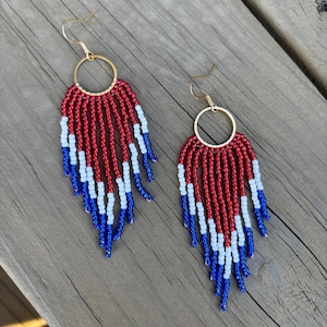 Beaded Fringe Earring, Fourth of July, 4th of July, Patriotic, America, USA, Red, White, Blue, Gold, Dangle Earring, Toho Seed Beads