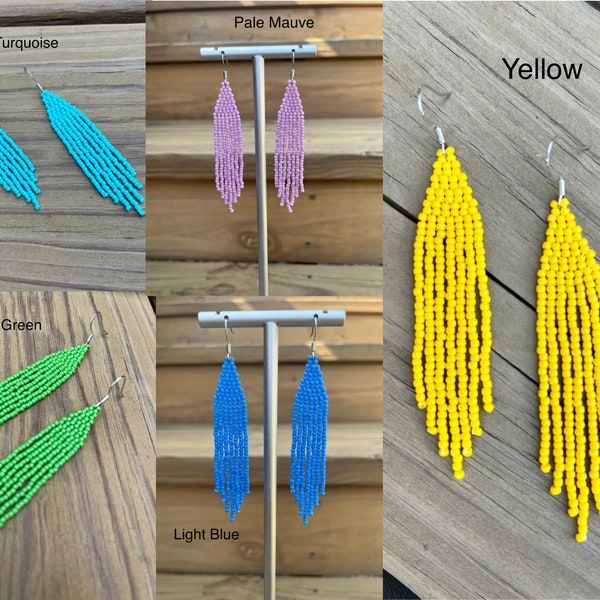 Beaded Fringe Earring, Handmade, Toho Beads, Seed Beads, Dangle Earring, Boho Earring, Green, Blue, Turquoise, Pale Mauve, Yellow