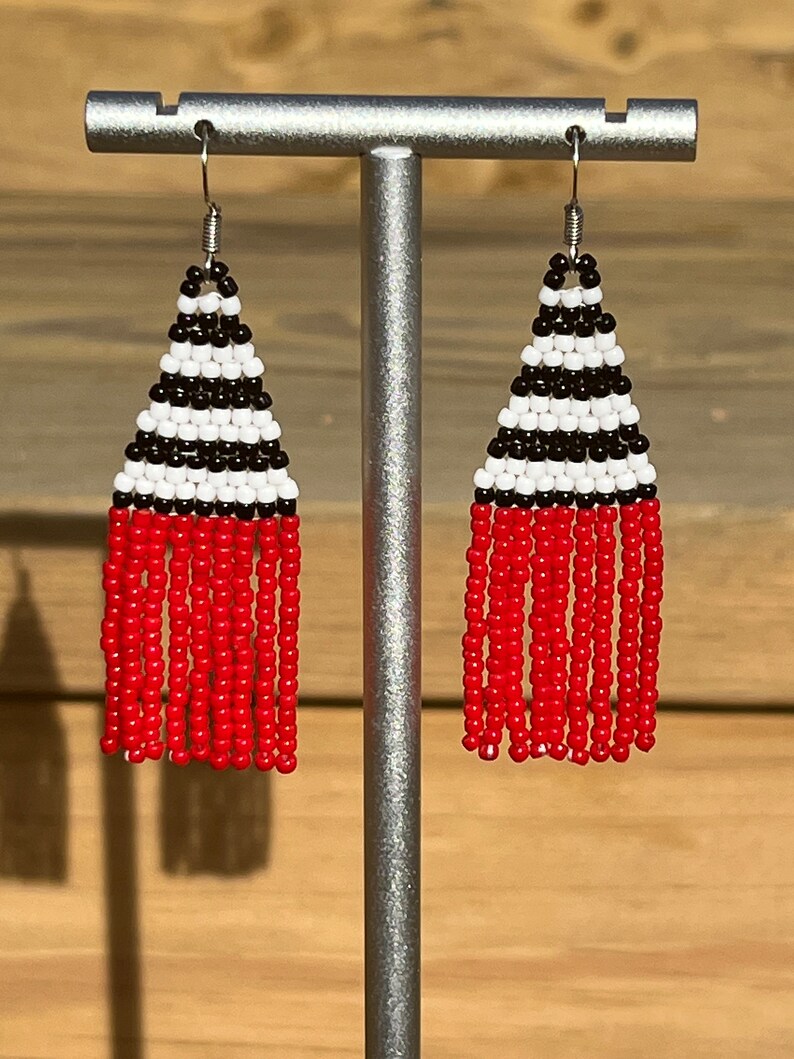 Red Black and White Beaded Fringe Earring Handmade Toho Etsy