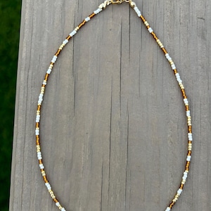 Beaded Necklace, Beaded Choker, Topaz, Brown, Cream, Gold, Handmade, Boho, Lightweight