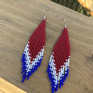 America, Patriotic, USA, 4th of July, Red, White, Blue, Beaded Fringe Earring, Toho Beads, Seed Beads, Dangle Earring, Boho Earring