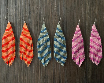 Diagonal Stripes, Orange, Pink, Blue Beaded Fringe Earring, Toho Beads, Seed Beads, Dangle Earring, Boho Earring, Lightweight