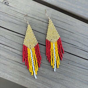 Chiefs, KC, Kansas City, Football, Red, Yellow, Gold, Beaded Fringe Earring, Handmade, Toho Beads, Seed Beads, Dangle Earring, Boho Earring