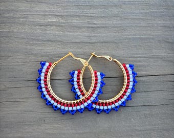 Gold, Silver, Hoop Earrings, Beaded Earring, Fourth of July, Red, White, Blue, 4th of July, USA, Patriotic, America, Toho Seed Bead