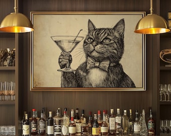 Prohibition Era Martini Wall Art Funny Speakeasy Cat Bar Cart Accessories 1920s Aesthetic Cocktail Wall Hanging Mancave Poster Print