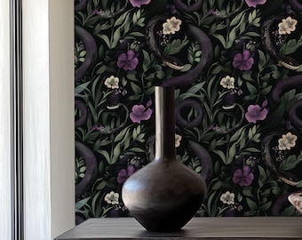 Moody Gothic Snake Wallpaper: Dark Academia Floral Accent Wall Mural