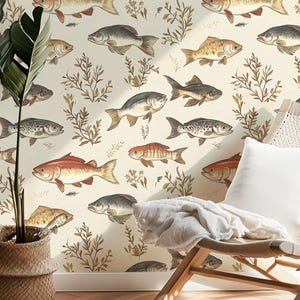 Vintage Fish Wallpaper - Neutral Aquatic Nature Peel & Stick Wall Mural - Rustic Fishing Cabin Wall Decor