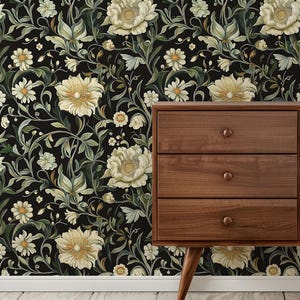 Dark Green Art Nouveau Wallpaper Vintage William Morris Accent Moody Floral Removable Wall Mural Botanical Peel + Stick Wall Paper