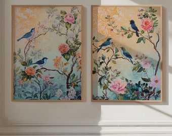 Floral Bird Wall Art: Chinoiserie Botanical Prints (Two-Piece Set)