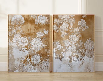 Chinoiserie Floral Wall Art, Two-Piece Botanical Prints (Cream and Tan)