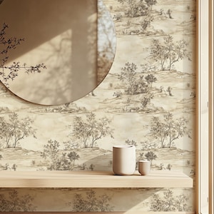 Vintage Floral Toile Wallpaper, Neutral Cream Accent Wall Mural