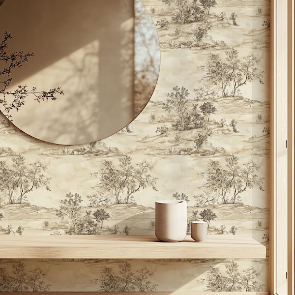 Vintage Floral Toile Wallpaper, Neutral Cream Accent Wall Mural