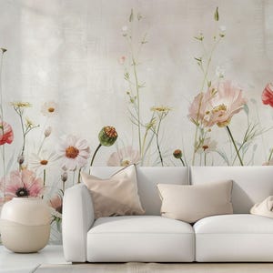 Wildflower Field Mural Wallpaper – Vintage Botanical Peel & Stick Wall Mural – Cottagecore Floral Landscape Accent Wall Decor