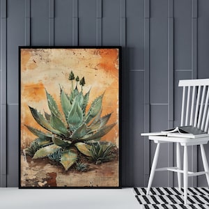 Arte de pared de agave, póster de cactus, impresión estética del desierto, decoración del hogar, colgante de pared occidental, obra de arte botánica, arte suculento